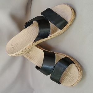 Crocs Womens A-Leigh Two Strap Black Leather Mini Wedge Cork Sandals Size 8